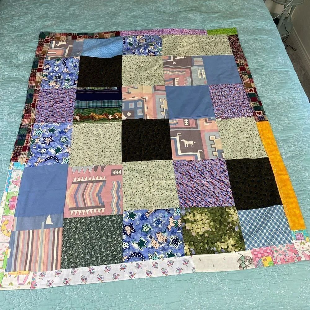 Colorful child’s Patchwork Quilt Throw 40” x 39” handmade reversible